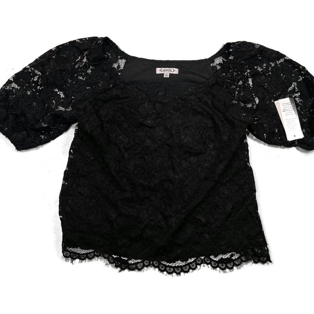 Nanette Lepore Women Top Small Black Lace Overlay Short Sleeve Fringe Hem New